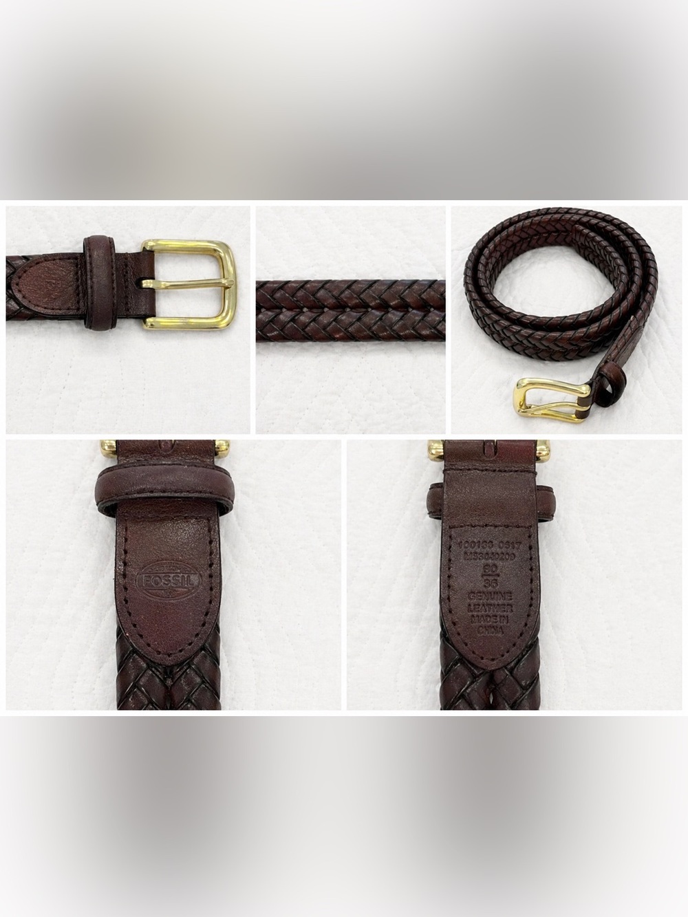 Men’s Fossil Braided Leather Belt in Dark Brown with Gold Buckle